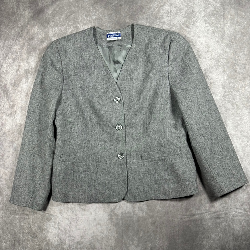 VTG Pendleton Womens 14 Petite Gray Wool Blazer Button Jacket USA Made 80s